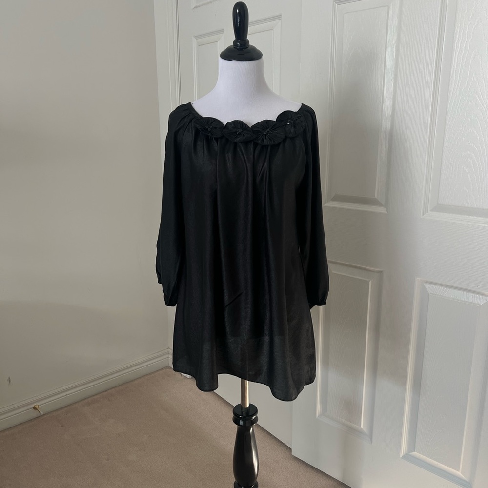 Chic Black Women's Blouse with feminine floral neckline size small
